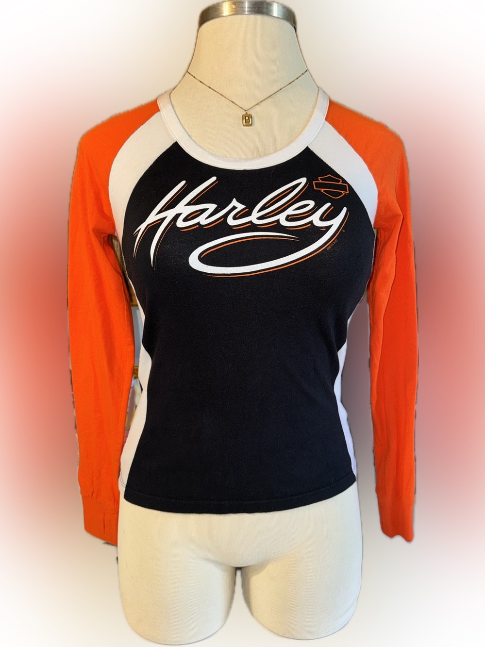 HARLEY DAVIDSON  Black, White & Orange Long Sleeve BIKER Long Sleeve Shirt Small
